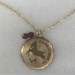 Vintage Gold Capricorn Zodiac Pendant Necklace with Garnet Accent
